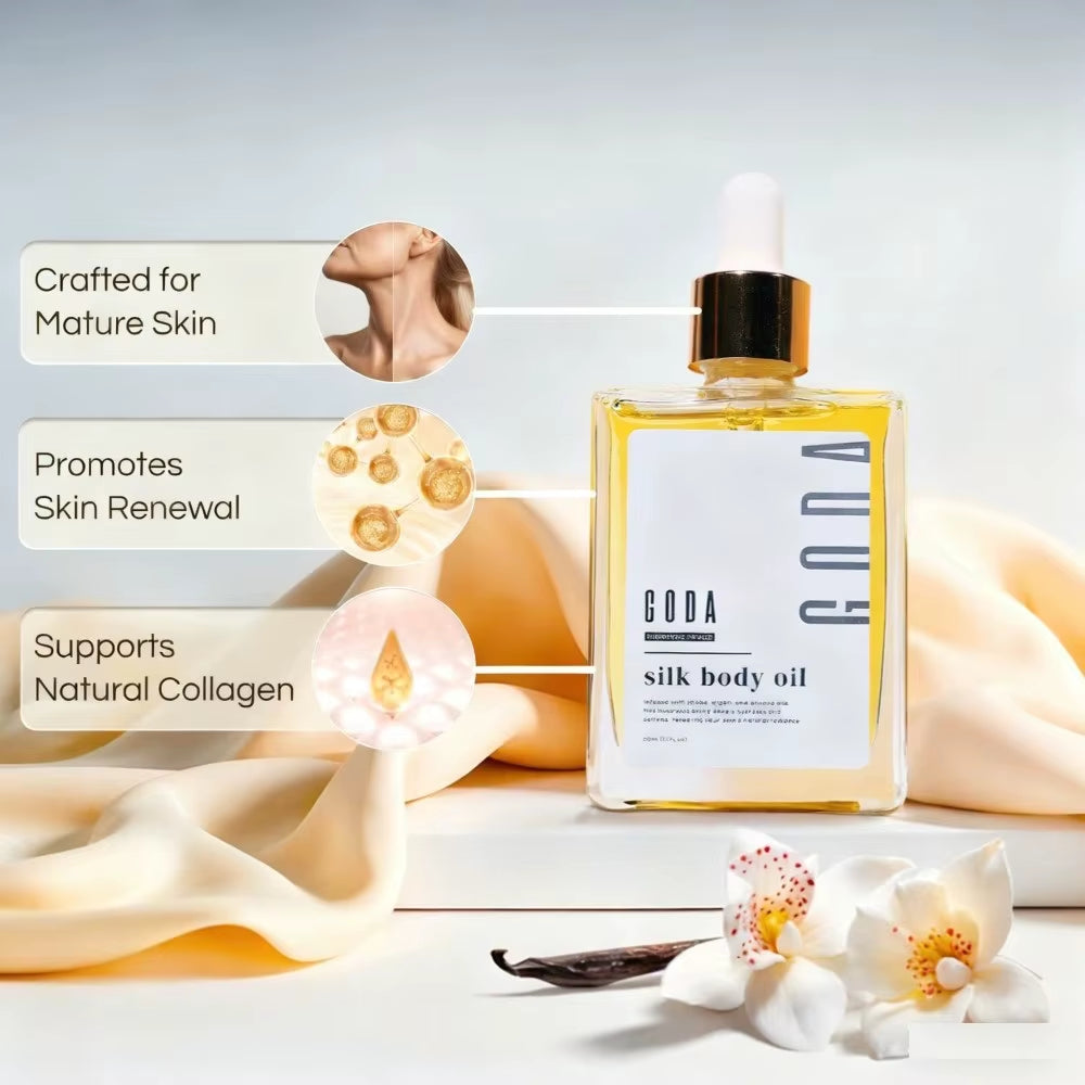 GODA Silk Body Oil Crafted for Mature Skin Promotes Renewal Brightens Tightens Reduces Blemishes Balances Water Oil Skincare